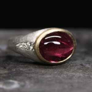 Pink tourmaline and diamond signet ring