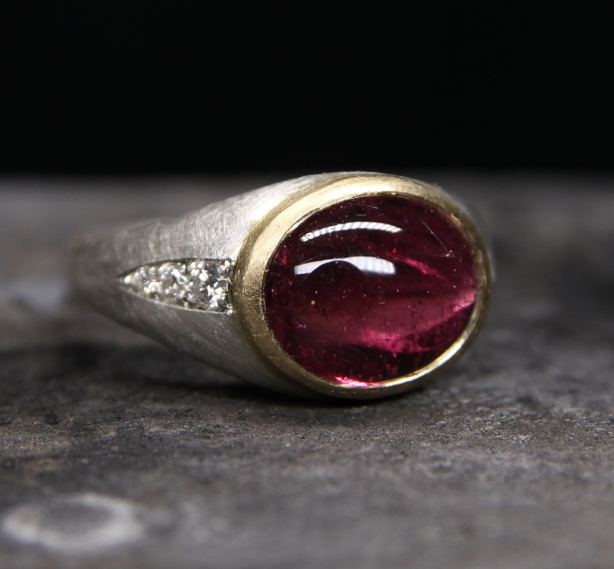 Pink tourmaline and diamond signet ring