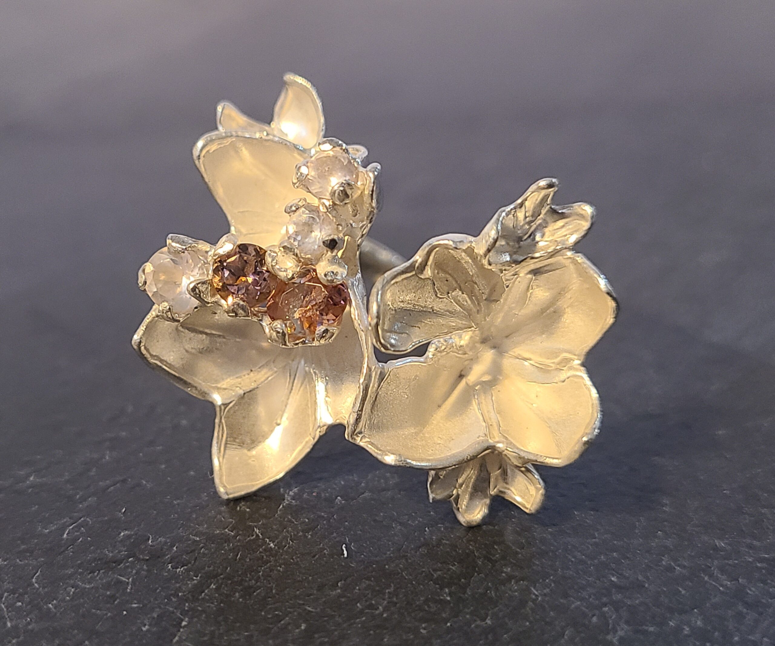 Pink quartz rhododendron petals ring